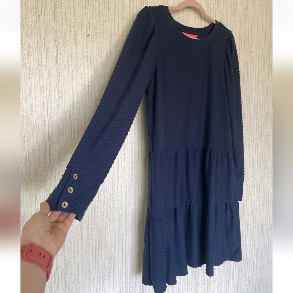 Lilly Pulitzer Size Large Navy Blue Arlette Long Sleeve Dress Polk Dots - Picture 7 of 9
